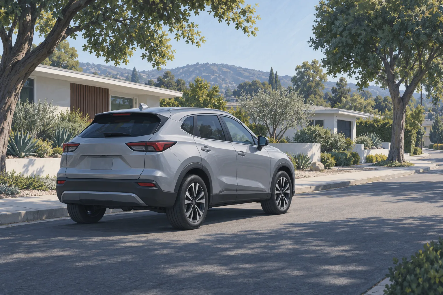 Conceptual illustration of a silver crossover viewed from behind on a California residential street