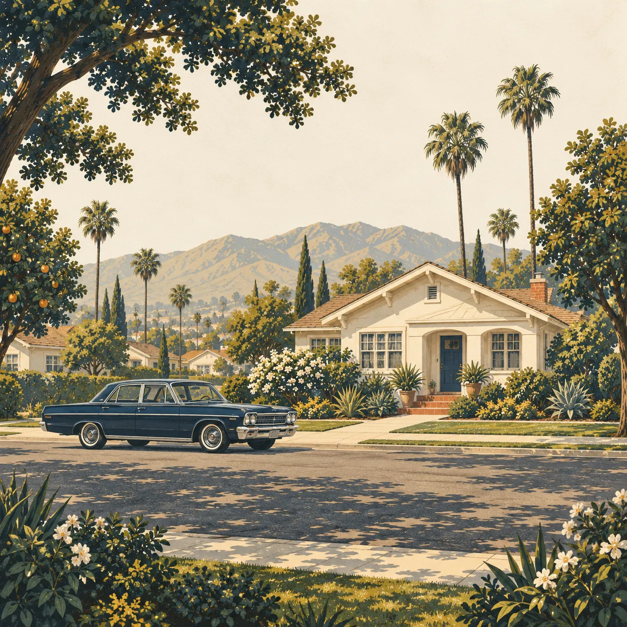 Editorial illustration of a complete California bungalow and navy car surrounded by leafy trees
