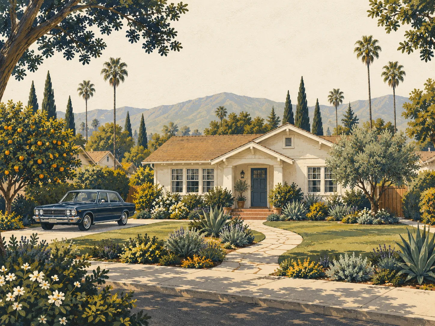 California neighborhood illustration for our Downey service-area guide; not a photograph of a local property