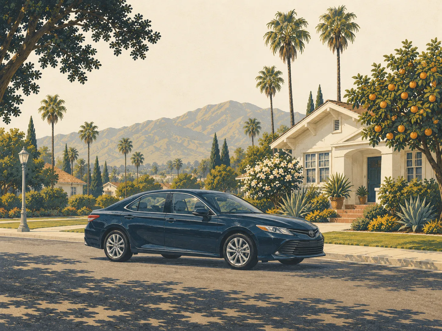 Editorial illustration of a navy car on a palm-lined California street