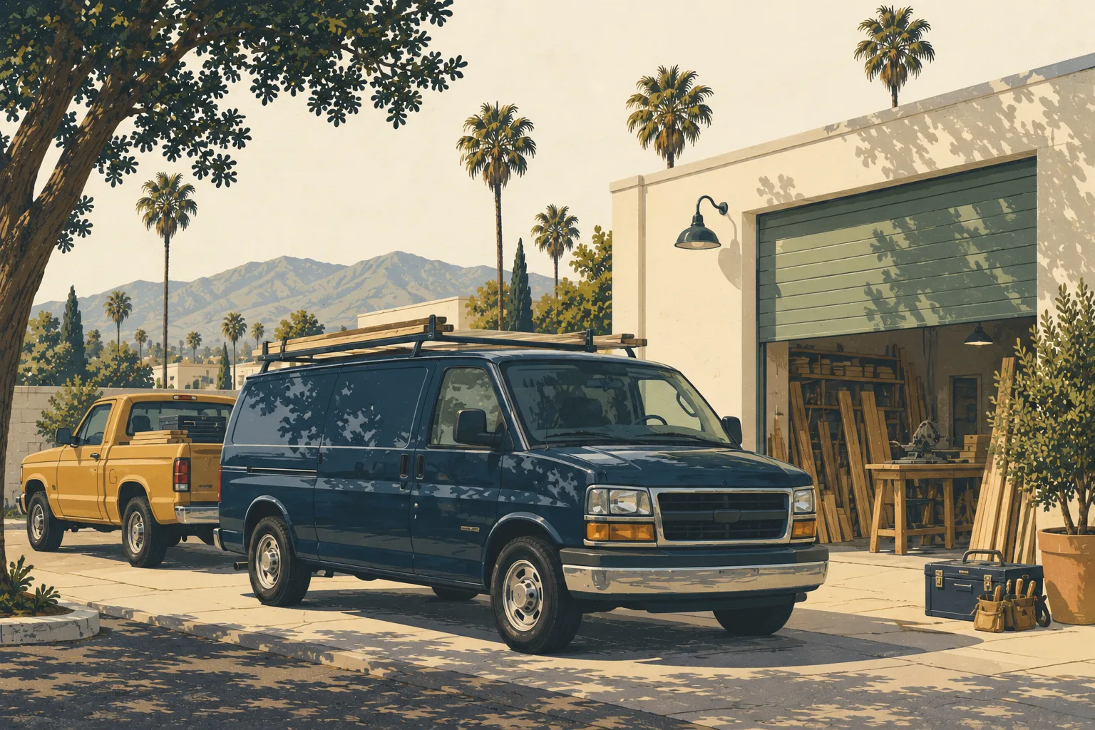 Editorial illustration of work vehicles outside a local business