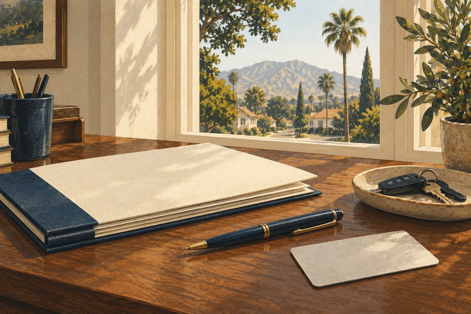 Editorial illustration of a policy folder and car keys on a desk