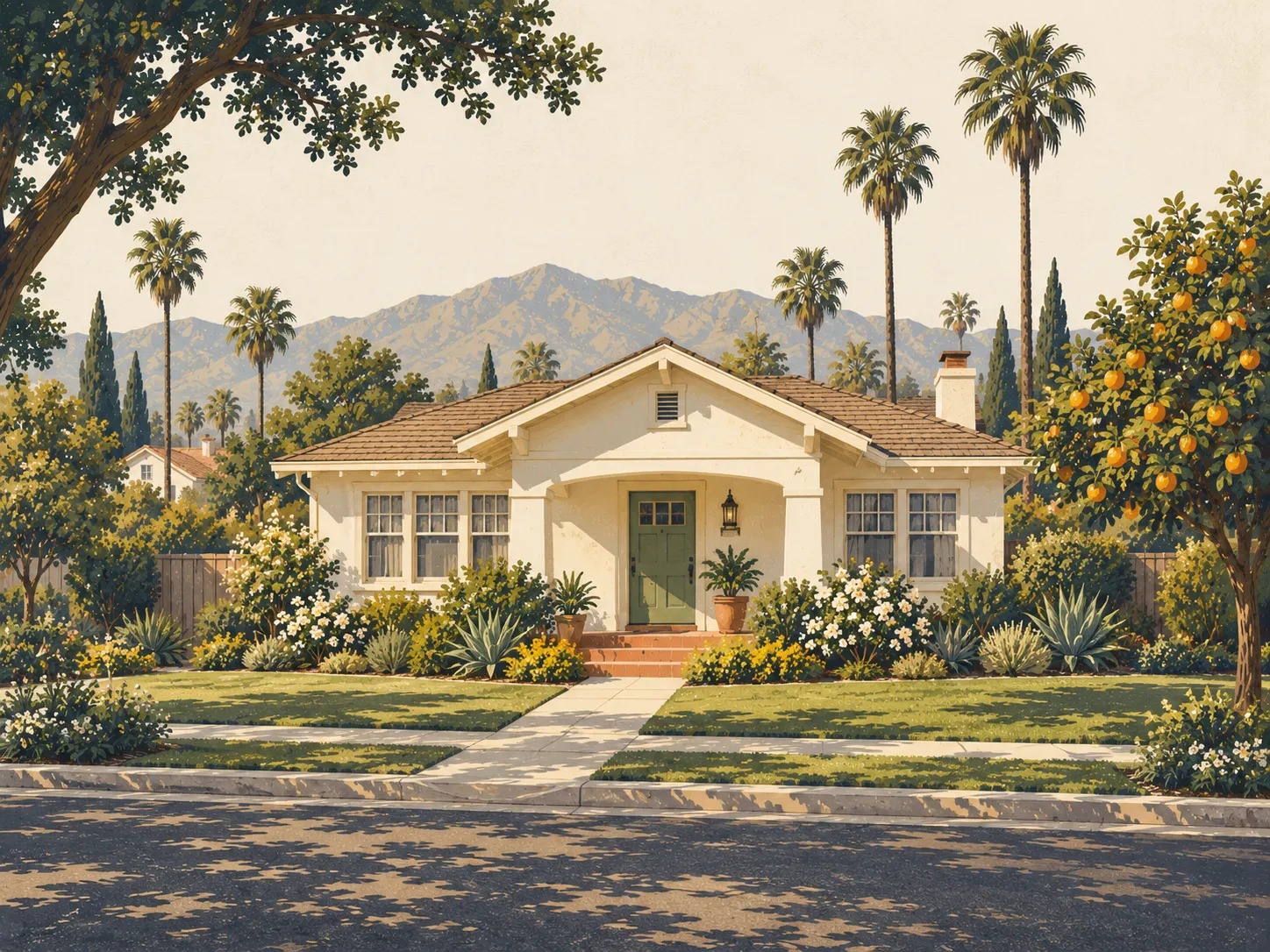 Editorial illustration of a California bungalow and garden