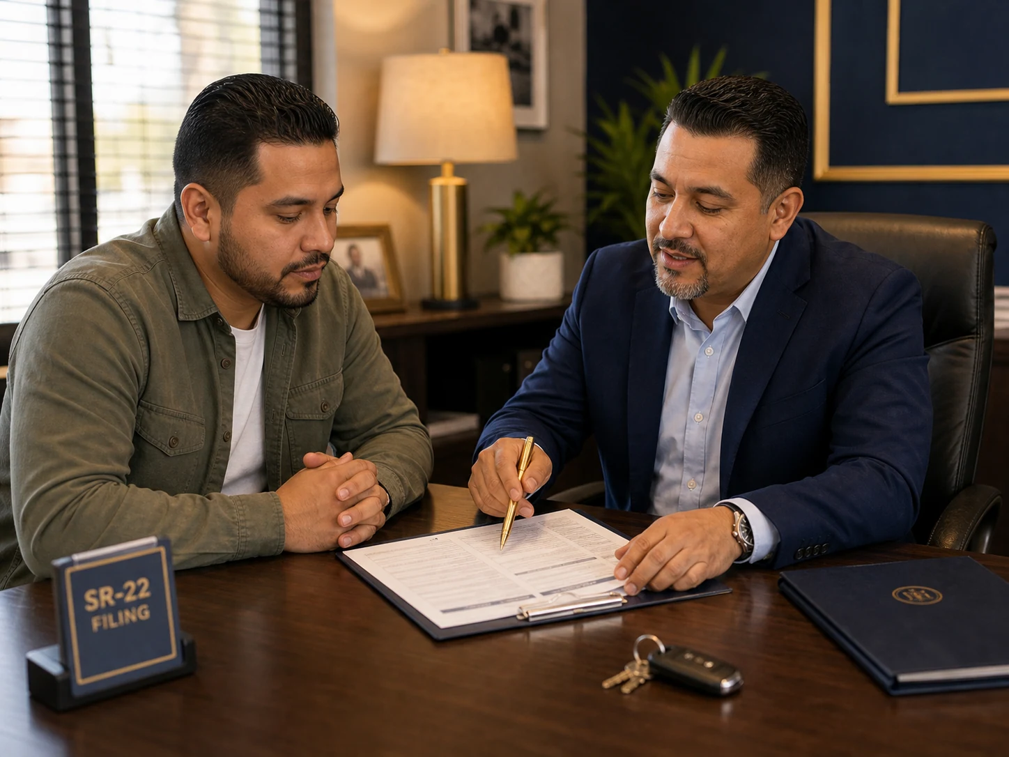 Original Insurance broker in Downey, CA reviewing SR-22 filing documents with client and coordinating same-day electronic DMV submission